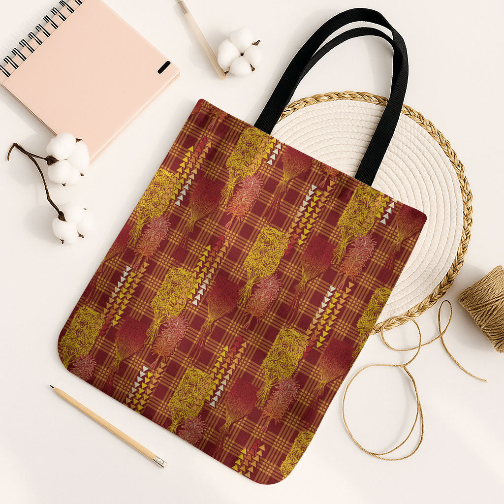 Aloha Hawaii Vintage Kahili Pa'a Lima Tote Bag Palaka Print Hilo Royal Red-Yellow LT7 Black Strap One Size Red - Polynesian Pride