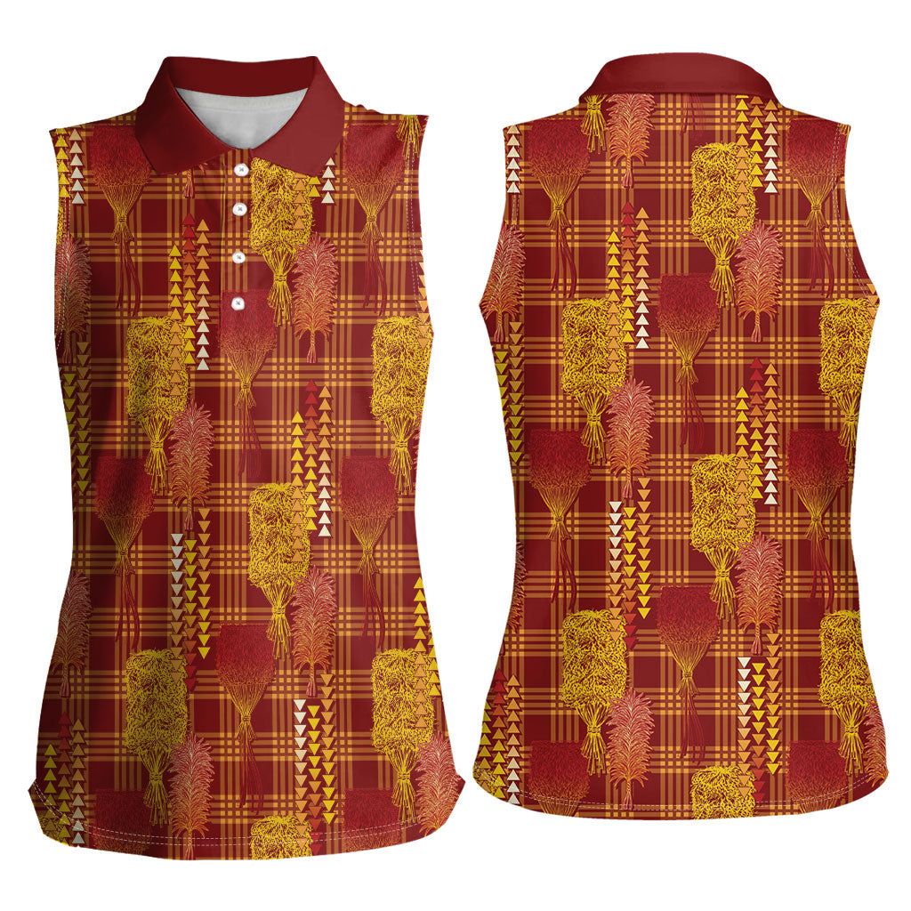 Aloha Hawaii Vintage Kahili Pa'a Lima Women Sleeveless Polo Shirt Palaka Print Hilo Royal Red-Yellow