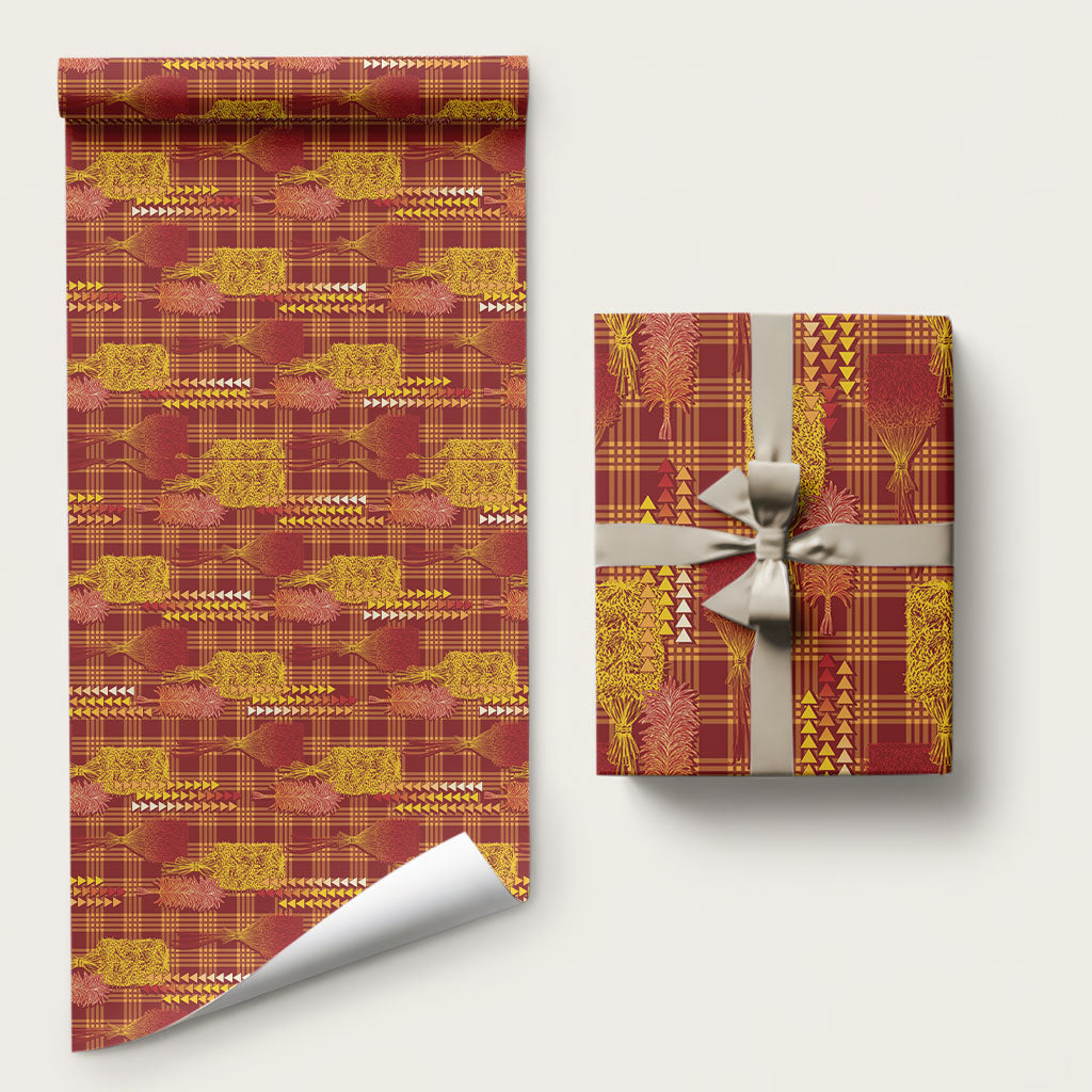 Aloha Hawaii Vintage Kahili Pa'a Lima Wrapping Paper Palaka Print Hilo Royal Red-Yellow