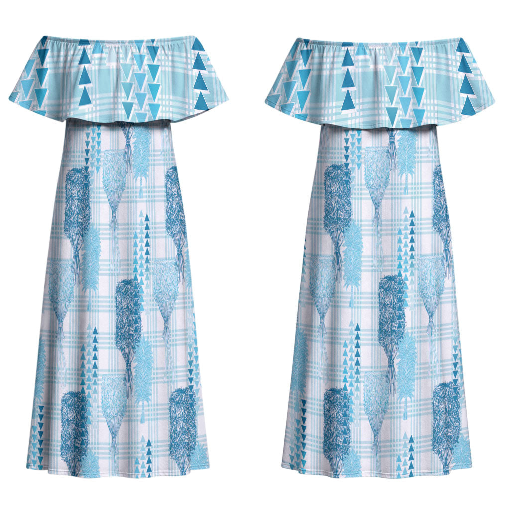 Aloha Hawaii Vintage Kahili Pa'a Lima Couples Matching Off Shoulder Maxi Dress and Long Sleeve Button Shirt Palaka Print Oceanic Turquoise