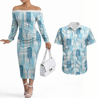 Aloha Hawaii Vintage Kahili Pa'a Lima Couples Matching Off The Shoulder Long Sleeve Dress and Hawaiian Shirt Palaka Print Oceanic Turquoise