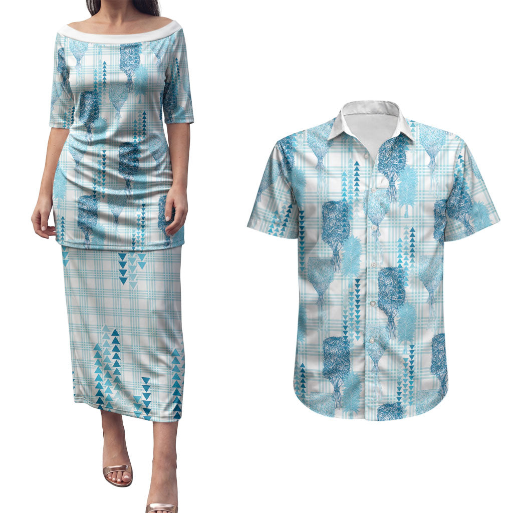 Aloha Hawaii Vintage Kahili Pa'a Lima Couples Matching Puletasi and Hawaiian Shirt Palaka Print Oceanic Turquoise LT7 Turquoise - Polynesian Pride
