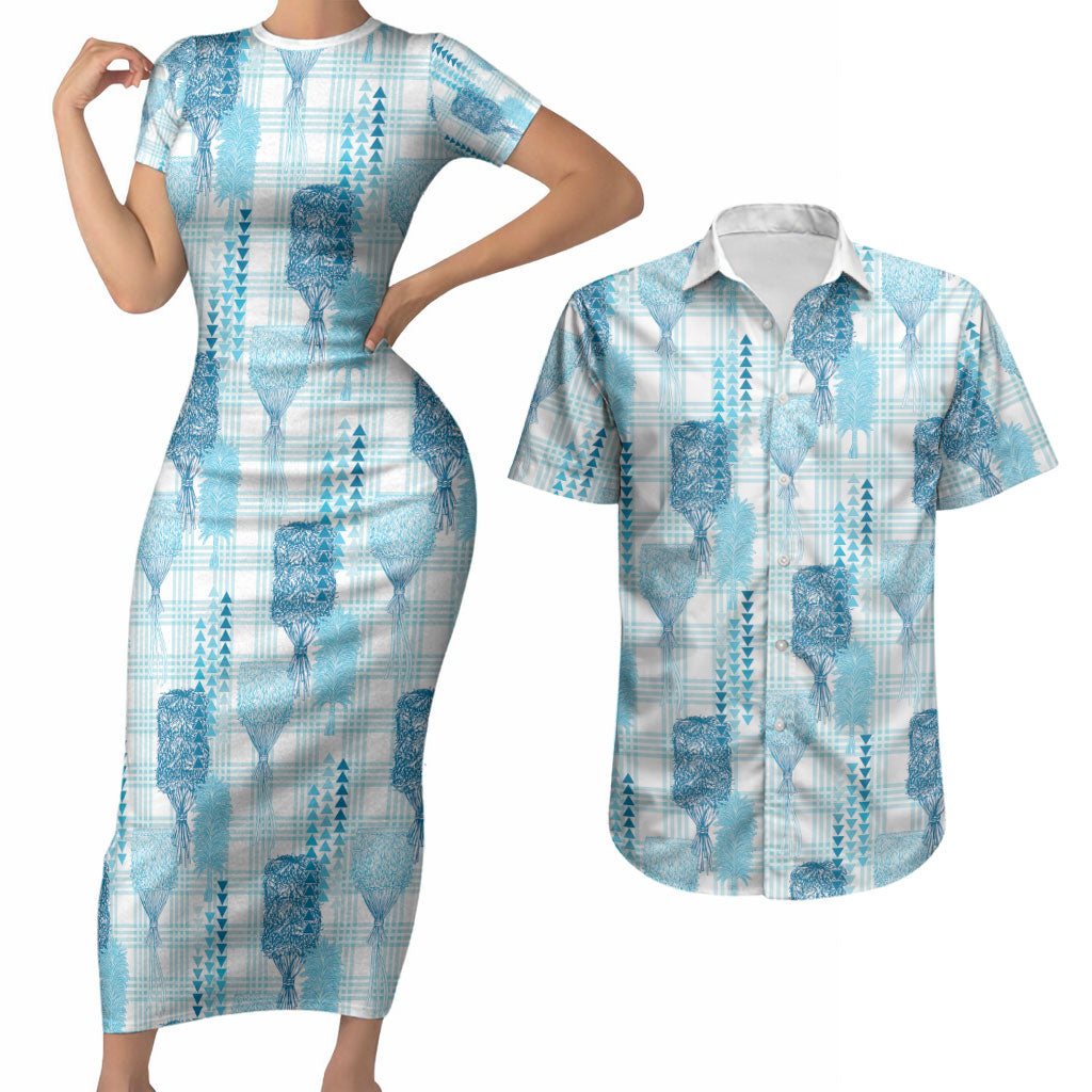 Aloha Hawaii Vintage Kahili Pa'a Lima Couples Matching Short Sleeve Bodycon Dress and Hawaiian Shirt Palaka Print Oceanic Turquoise LT7 Turquoise - Polynesian Pride