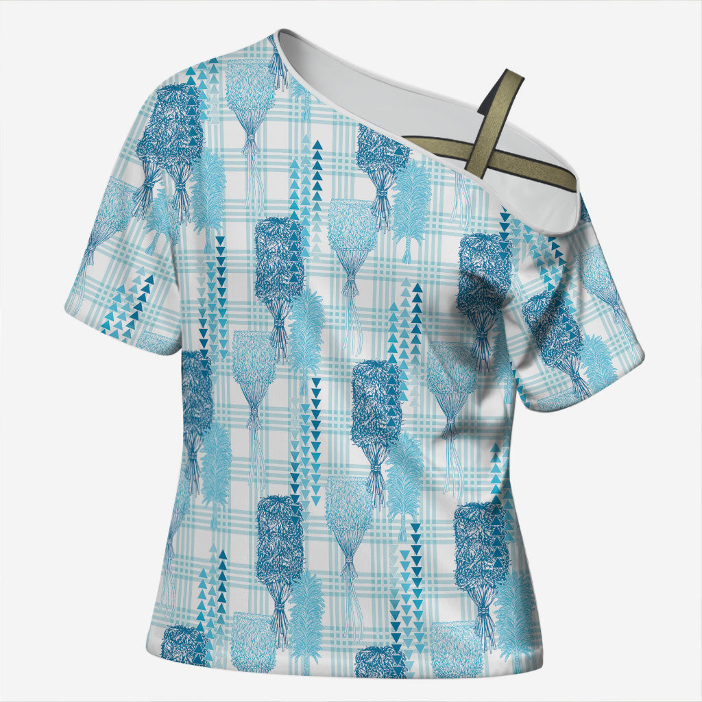 Aloha Hawaii Vintage Kahili Pa'a Lima Cross Shoulder Shirt Palaka Print Oceanic Turquoise