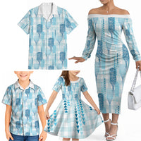 Aloha Hawaii Vintage Kahili Pa'a Lima Family Matching Off The Shoulder Long Sleeve Dress and Hawaiian Shirt Palaka Print Oceanic Turquoise