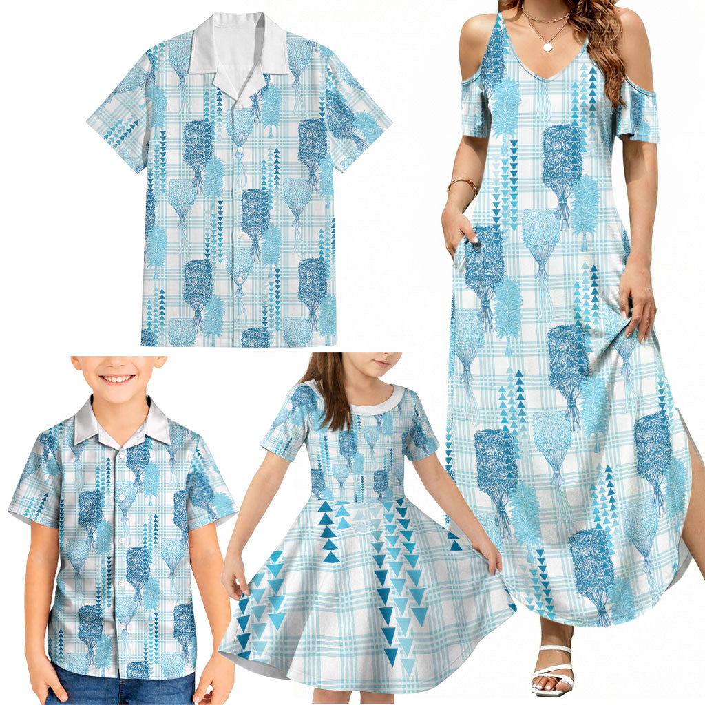 Aloha Hawaii Vintage Kahili Pa'a Lima Family Matching Summer Maxi Dress and Hawaiian Shirt Palaka Print Oceanic Turquoise