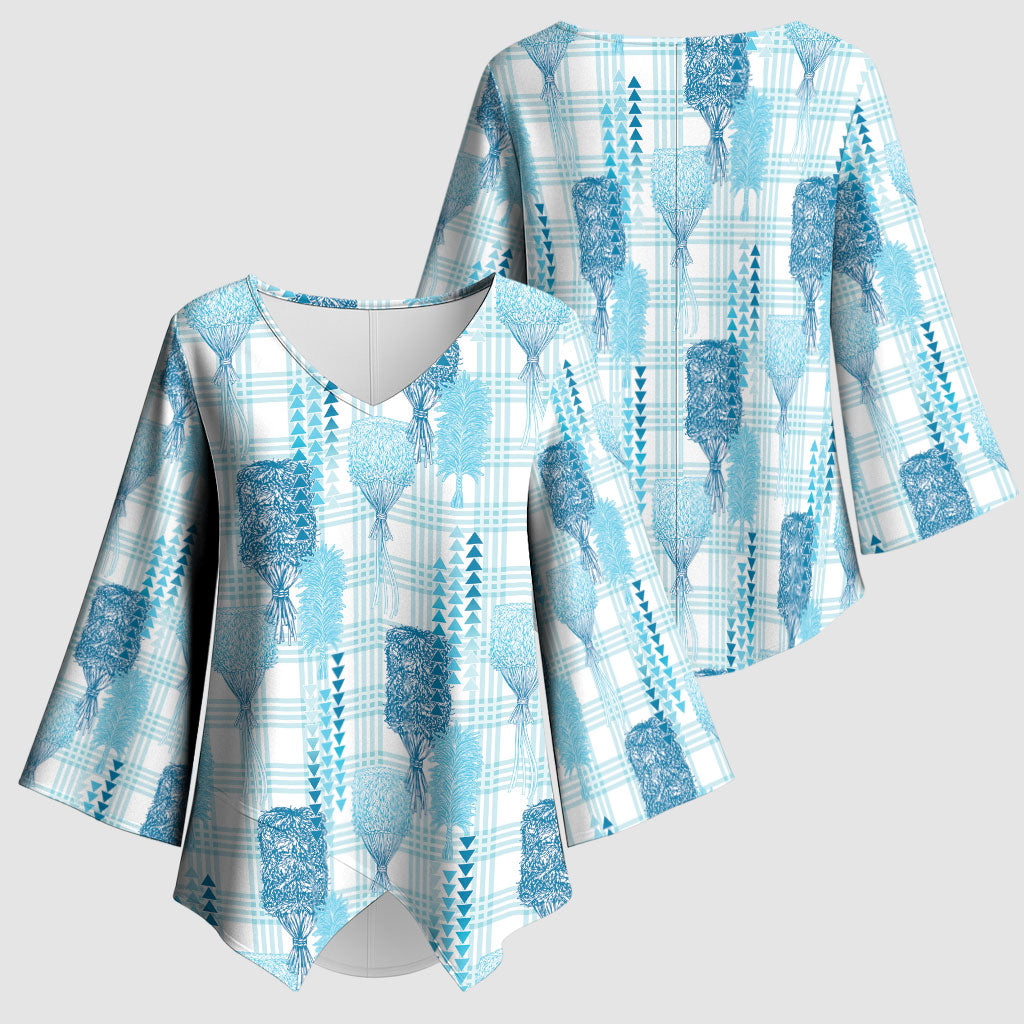 Aloha Hawaii Vintage Kahili Pa'a Lima Kimono Sleeve Blouse Palaka Print Oceanic Turquoise