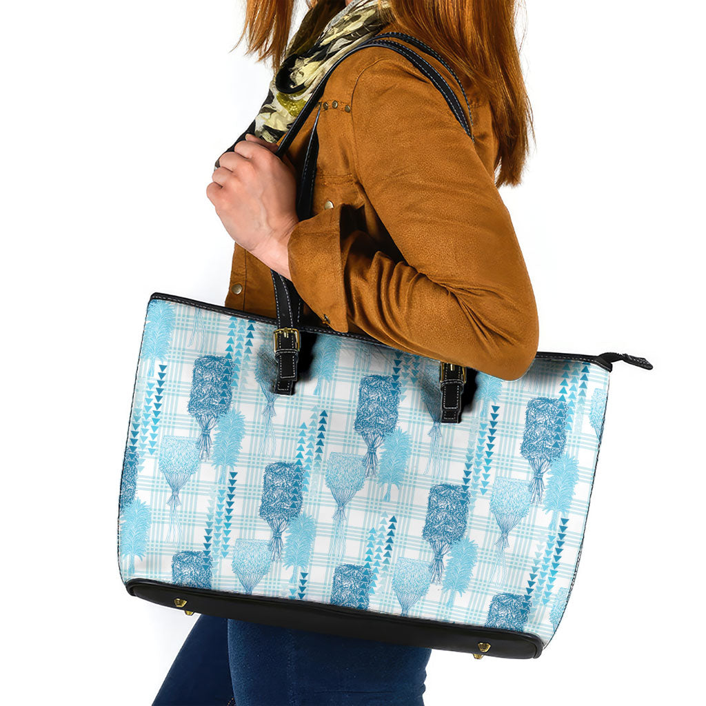 Aloha Hawaii Vintage Kahili Pa'a Lima Leather Tote Bag Palaka Print Oceanic Turquoise LT7 Turquoise - Polynesian Pride