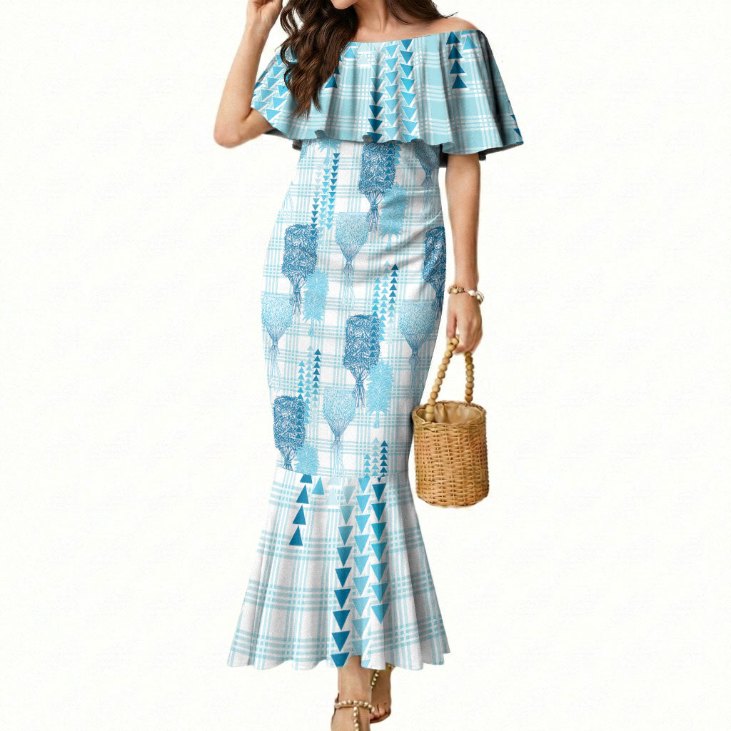 Aloha Hawaii Vintage Kahili Pa'a Lima Mermaid Dress Palaka Print Oceanic Turquoise