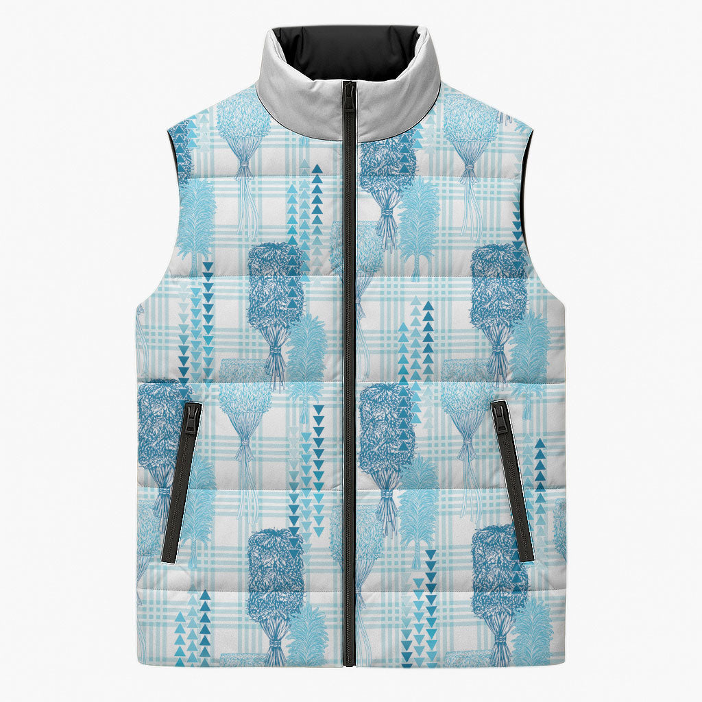 Aloha Hawaii Vintage Kahili Pa'a Lima Sleeveless Puffer Jacket Palaka Print Oceanic Turquoise