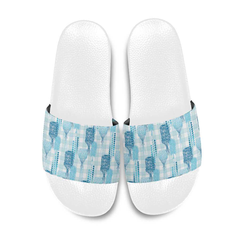 Aloha Hawaii Vintage Kahili Pa'a Lima Slide Sandals Palaka Print Oceanic Turquoise