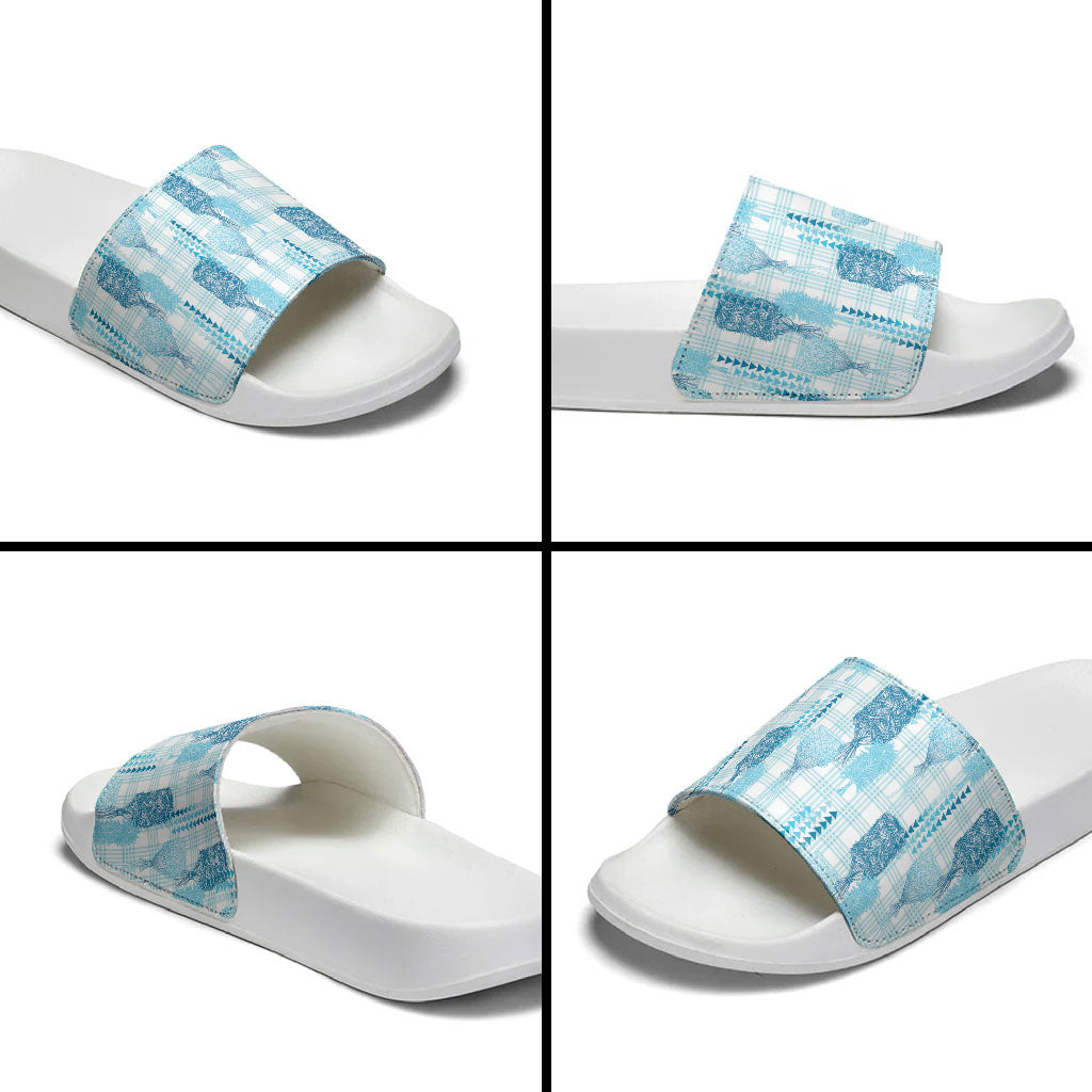 Aloha Hawaii Vintage Kahili Pa'a Lima Slide Sandals Palaka Print Oceanic Turquoise