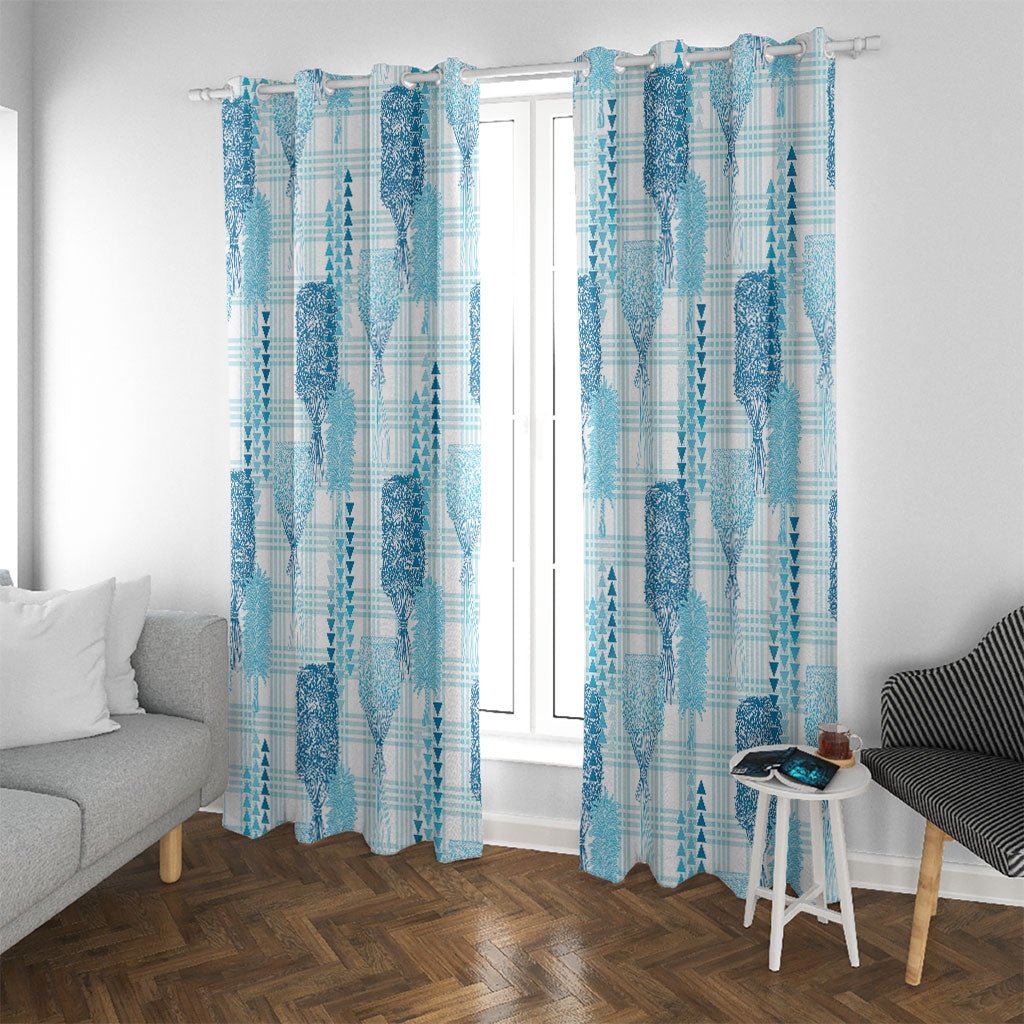 Aloha Hawaii Vintage Kahili Pa'a Lima Window Curtain Palaka Print Oceanic Turquoise