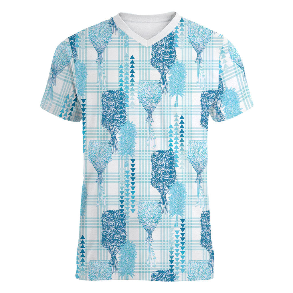 Aloha Hawaii Vintage Kahili Pa'a Lima Women V-Neck T-Shirt Palaka Print Oceanic Turquoise LT7 Female Turquoise - Polynesian Pride
