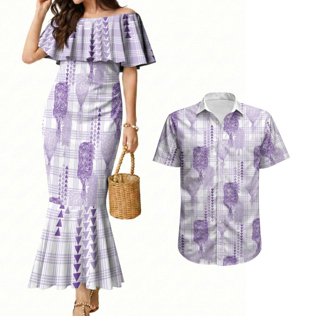 Aloha Hawaii Vintage Kahili Pa'a Lima Couples Matching Mermaid Dress and Hawaiian Shirt Palaka Print Pastel Lavender LT7 Lavender - Polynesian Pride