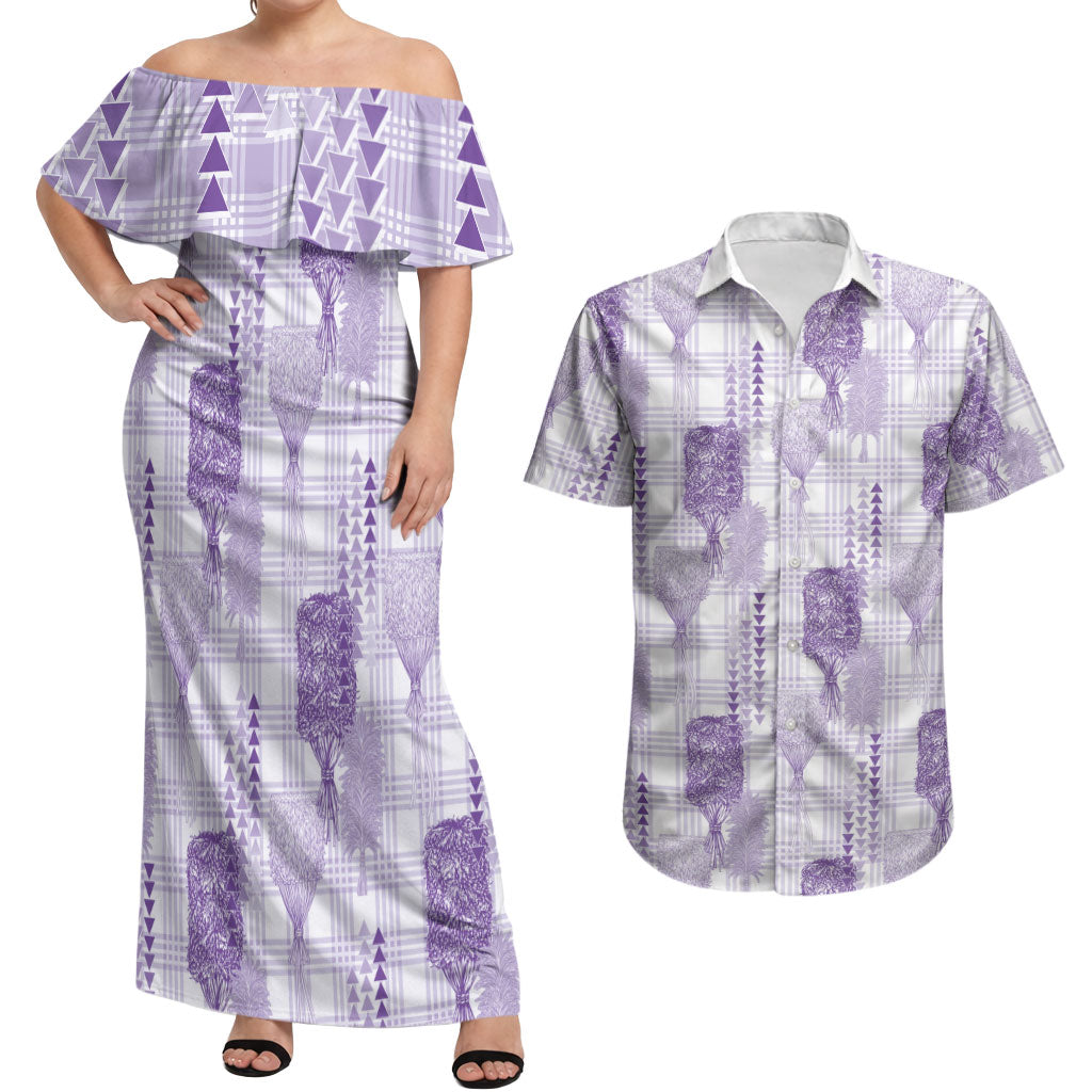 Aloha Hawaii Vintage Kahili Pa'a Lima Couples Matching Off Shoulder Maxi Dress and Hawaiian Shirt Palaka Print Pastel Lavender LT7 Lavender - Polynesian Pride