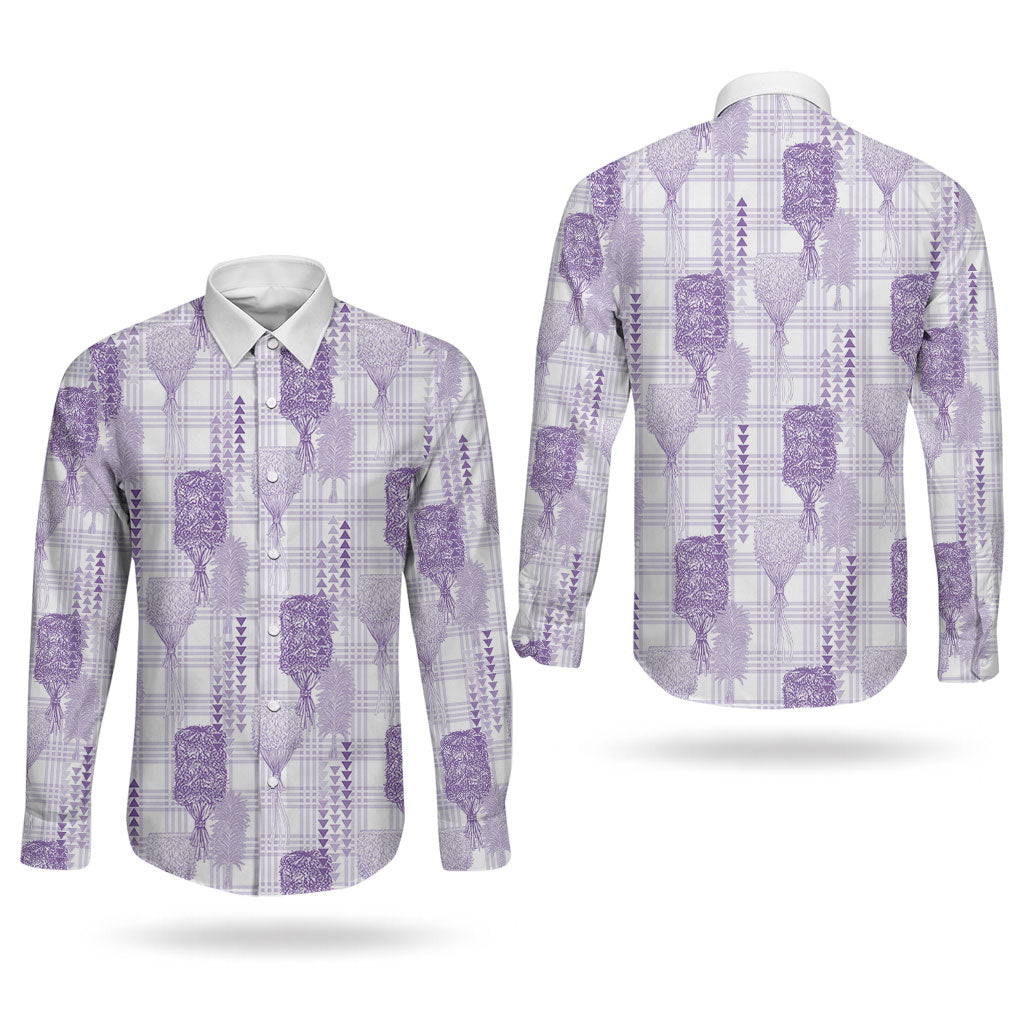 Aloha Hawaii Vintage Kahili Pa'a Lima Couples Matching Off Shoulder Maxi Dress and Long Sleeve Button Shirt Palaka Print Pastel Lavender