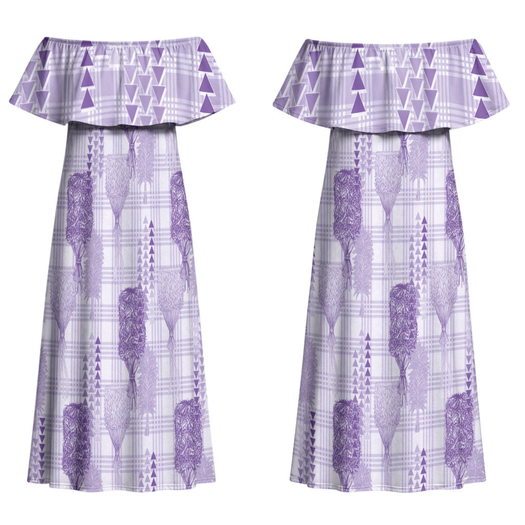 Aloha Hawaii Vintage Kahili Pa'a Lima Couples Matching Off Shoulder Maxi Dress and Long Sleeve Button Shirt Palaka Print Pastel Lavender