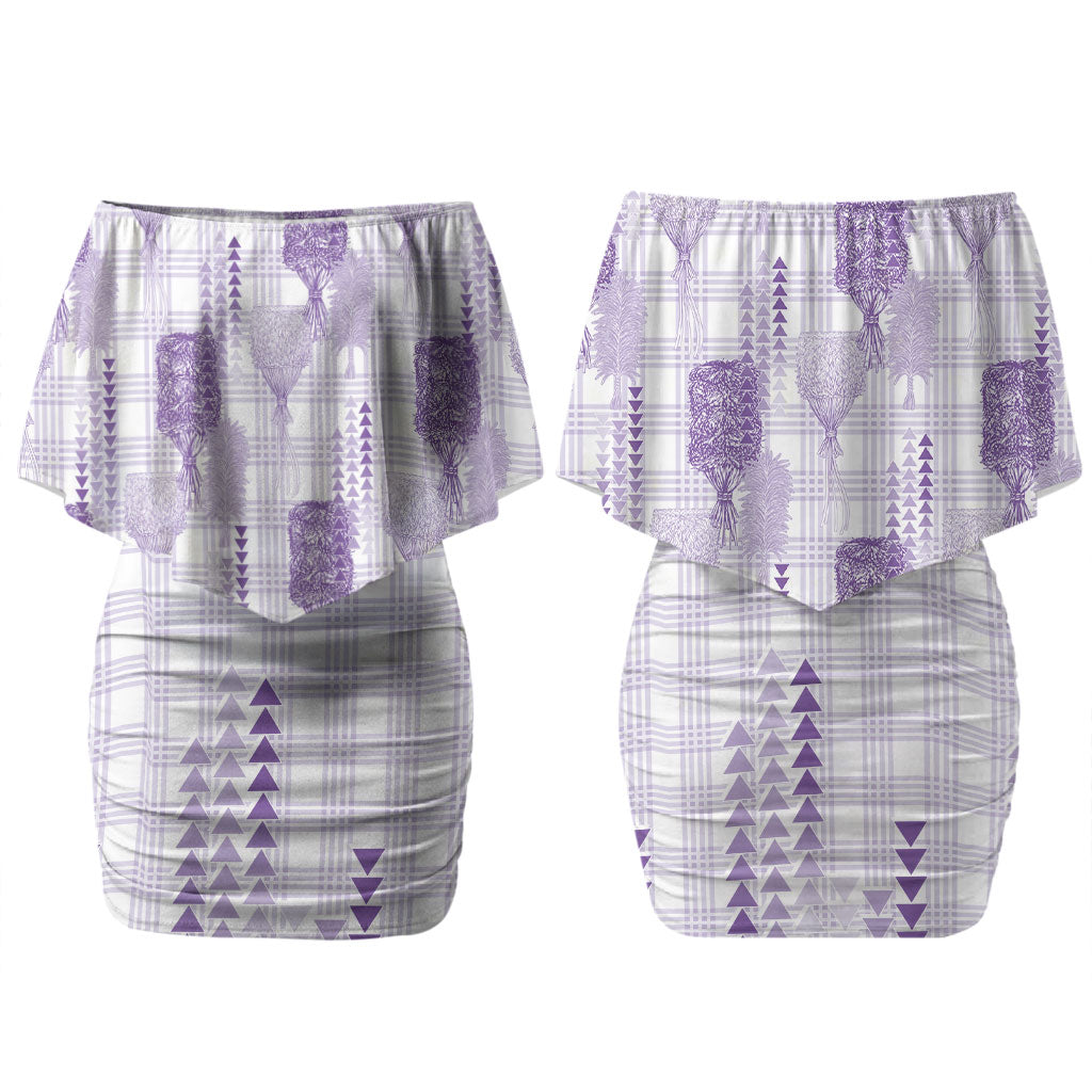 Aloha Hawaii Vintage Kahili Pa'a Lima Couples Matching Off Shoulder Short Dress and Hawaiian Shirt Palaka Print Pastel Lavender
