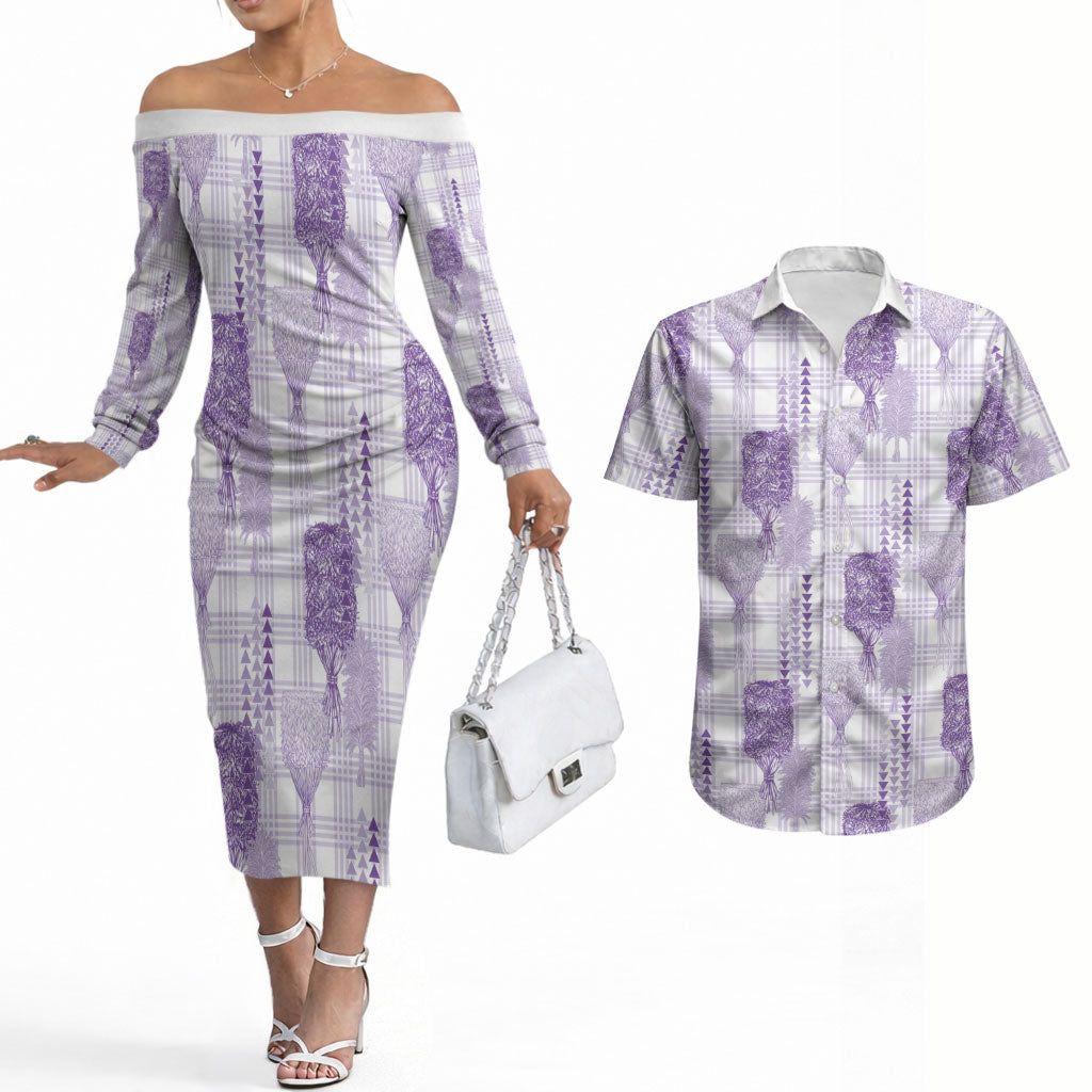 Aloha Hawaii Vintage Kahili Pa'a Lima Couples Matching Off The Shoulder Long Sleeve Dress and Hawaiian Shirt Palaka Print Pastel Lavender LT7 Lavender - Polynesian Pride
