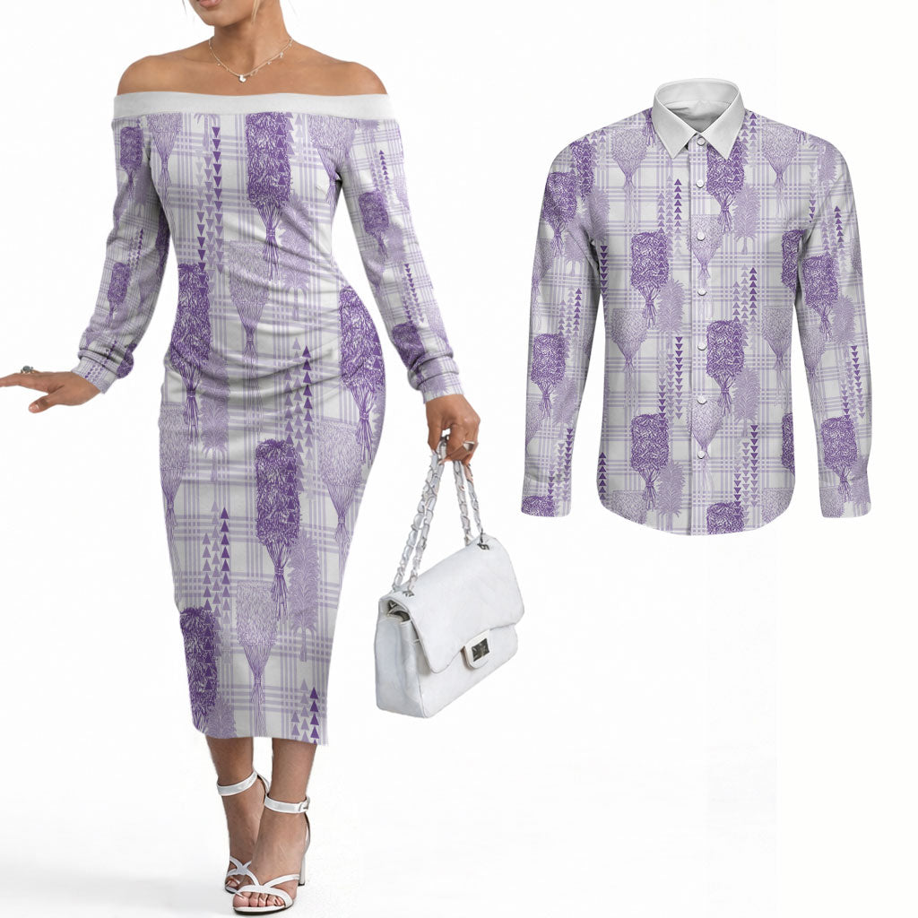 Aloha Hawaii Vintage Kahili Pa'a Lima Couples Matching Off The Shoulder Long Sleeve Dress and Long Sleeve Button Shirt Palaka Print Pastel Lavender LT7 Lavender - Polynesian Pride