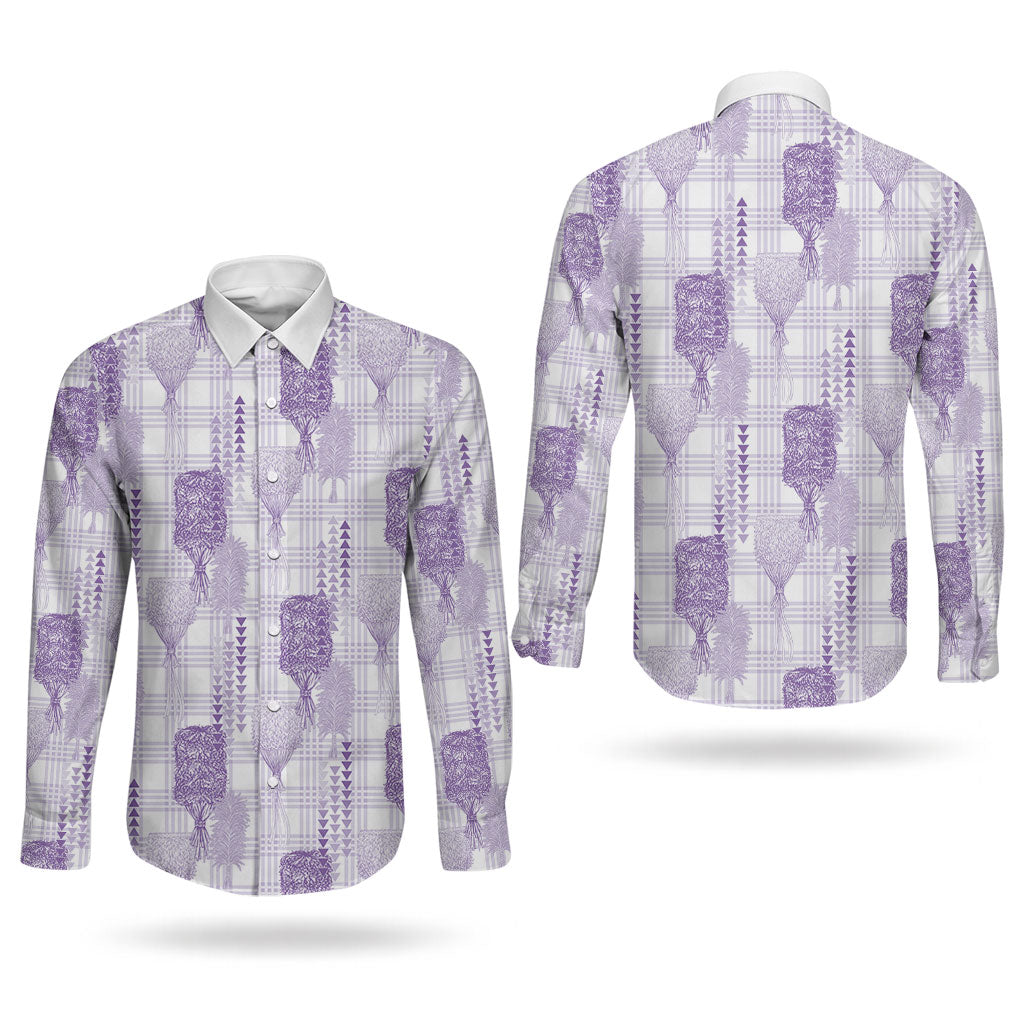 Aloha Hawaii Vintage Kahili Pa'a Lima Couples Matching Off The Shoulder Long Sleeve Dress and Long Sleeve Button Shirt Palaka Print Pastel Lavender