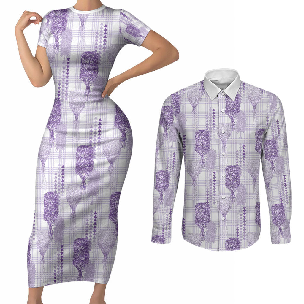 Aloha Hawaii Vintage Kahili Pa'a Lima Couples Matching Short Sleeve Bodycon Dress and Long Sleeve Button Shirt Palaka Print Pastel Lavender LT7 Lavender - Polynesian Pride