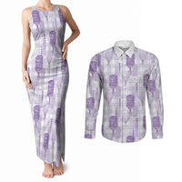 Aloha Hawaii Vintage Kahili Pa'a Lima Couples Matching Tank Maxi Dress and Long Sleeve Button Shirt Palaka Print Pastel Lavender