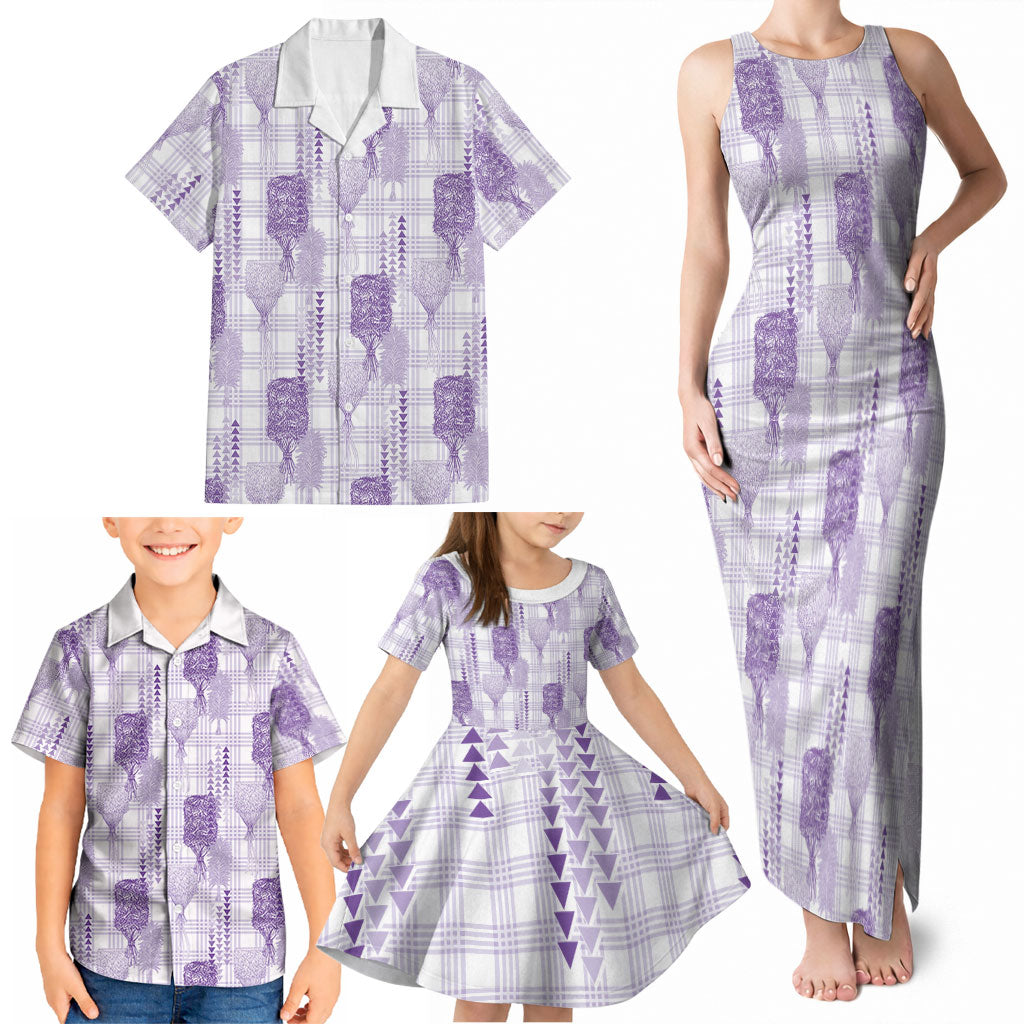 Aloha Hawaii Vintage Kahili Pa'a Lima Family Matching Tank Maxi Dress and Hawaiian Shirt Palaka Print Pastel Lavender