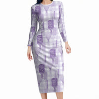 Aloha Hawaii Vintage Kahili Pa'a Lima Long Sleeve Bodycon Dress Palaka Print Pastel Lavender