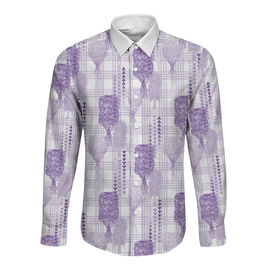 Aloha Hawaii Vintage Kahili Pa'a Lima Long Sleeve Button Shirt Palaka Print Pastel Lavender LT7 Unisex Lavender - Polynesian Pride