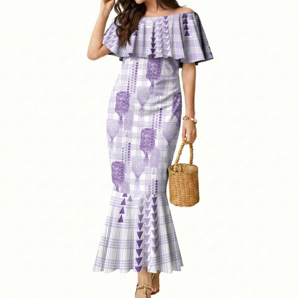 Aloha Hawaii Vintage Kahili Pa'a Lima Mermaid Dress Palaka Print Pastel Lavender