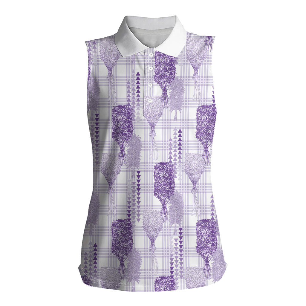 Aloha Hawaii Vintage Kahili Pa'a Lima Women Sleeveless Polo Shirt Palaka Print Pastel Lavender