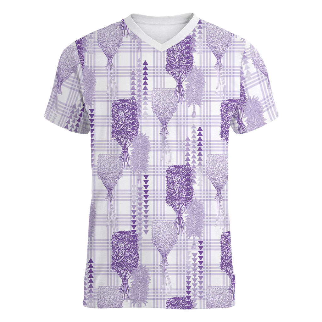 Aloha Hawaii Vintage Kahili Pa'a Lima Women V-Neck T-Shirt Palaka Print Pastel Lavender