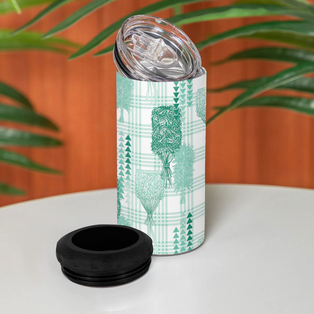 Aloha Hawaii Vintage Kahili Pa'a Lima 4 in 1 Can Cooler Tumbler Palaka Print Mossy Teal
