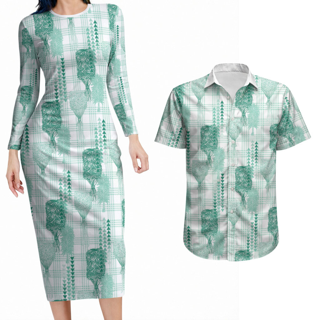 Aloha Hawaii Vintage Kahili Pa'a Lima Couples Matching Long Sleeve Bodycon Dress and Hawaiian Shirt Palaka Print Mossy Teal LT7 Mossy Teal - Polynesian Pride