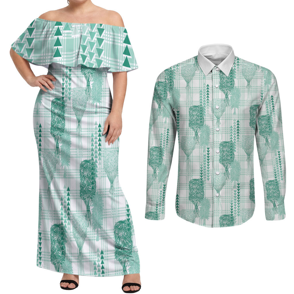 Aloha Hawaii Vintage Kahili Pa'a Lima Couples Matching Off Shoulder Maxi Dress and Long Sleeve Button Shirt Palaka Print Mossy Teal