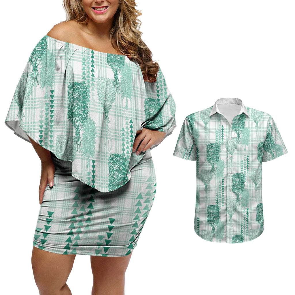 Aloha Hawaii Vintage Kahili Pa'a Lima Couples Matching Off Shoulder Short Dress and Hawaiian Shirt Palaka Print Mossy Teal LT7 Mossy Teal - Polynesian Pride