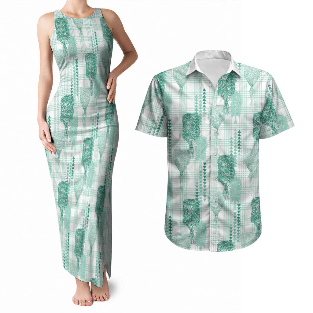 Aloha Hawaii Vintage Kahili Pa'a Lima Couples Matching Tank Maxi Dress and Hawaiian Shirt Palaka Print Mossy Teal LT7 Mossy Teal - Polynesian Pride