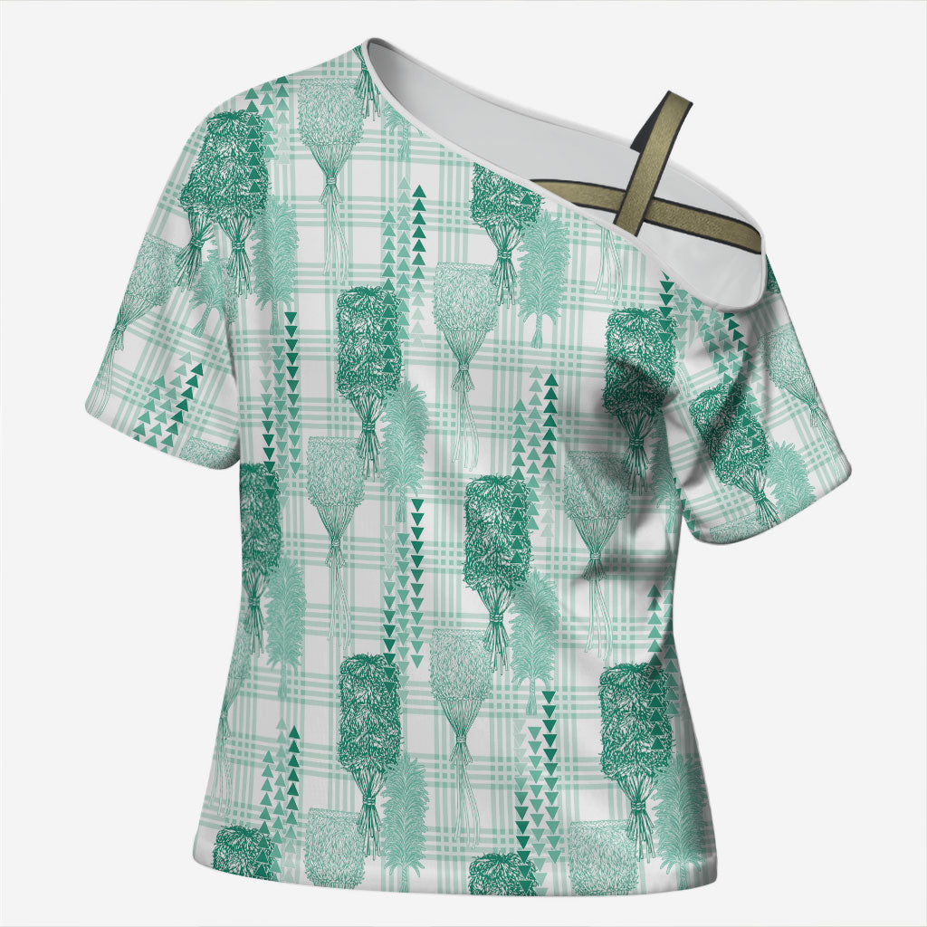 Aloha Hawaii Vintage Kahili Pa'a Lima Cross Shoulder Shirt Palaka Print Mossy Teal