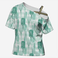Aloha Hawaii Vintage Kahili Pa'a Lima Cross Shoulder Shirt Palaka Print Mossy Teal