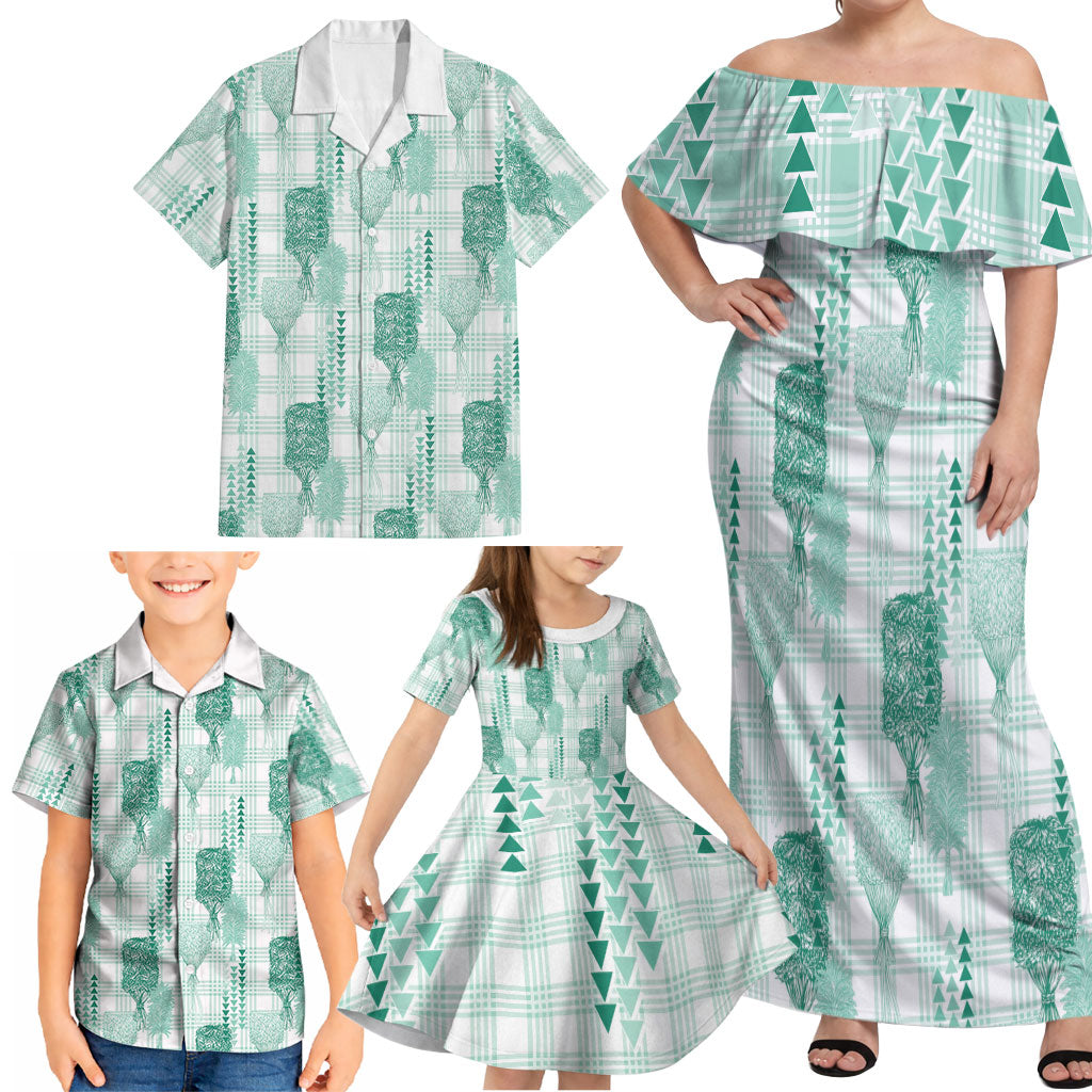 Aloha Hawaii Vintage Kahili Pa'a Lima Family Matching Off Shoulder Maxi Dress and Hawaiian Shirt Palaka Print Mossy Teal LT7 - Polynesian Pride