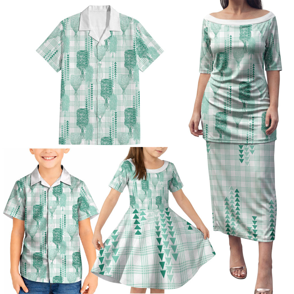 Aloha Hawaii Vintage Kahili Pa'a Lima Family Matching Puletasi and Hawaiian Shirt Palaka Print Mossy Teal