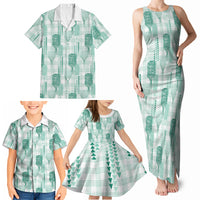 Aloha Hawaii Vintage Kahili Pa'a Lima Family Matching Tank Maxi Dress and Hawaiian Shirt Palaka Print Mossy Teal