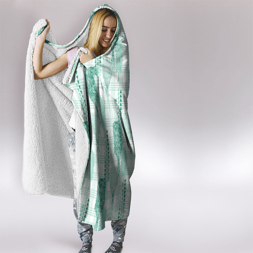 Aloha Hawaii Vintage Kahili Pa'a Lima Hooded Blanket Palaka Print Mossy Teal