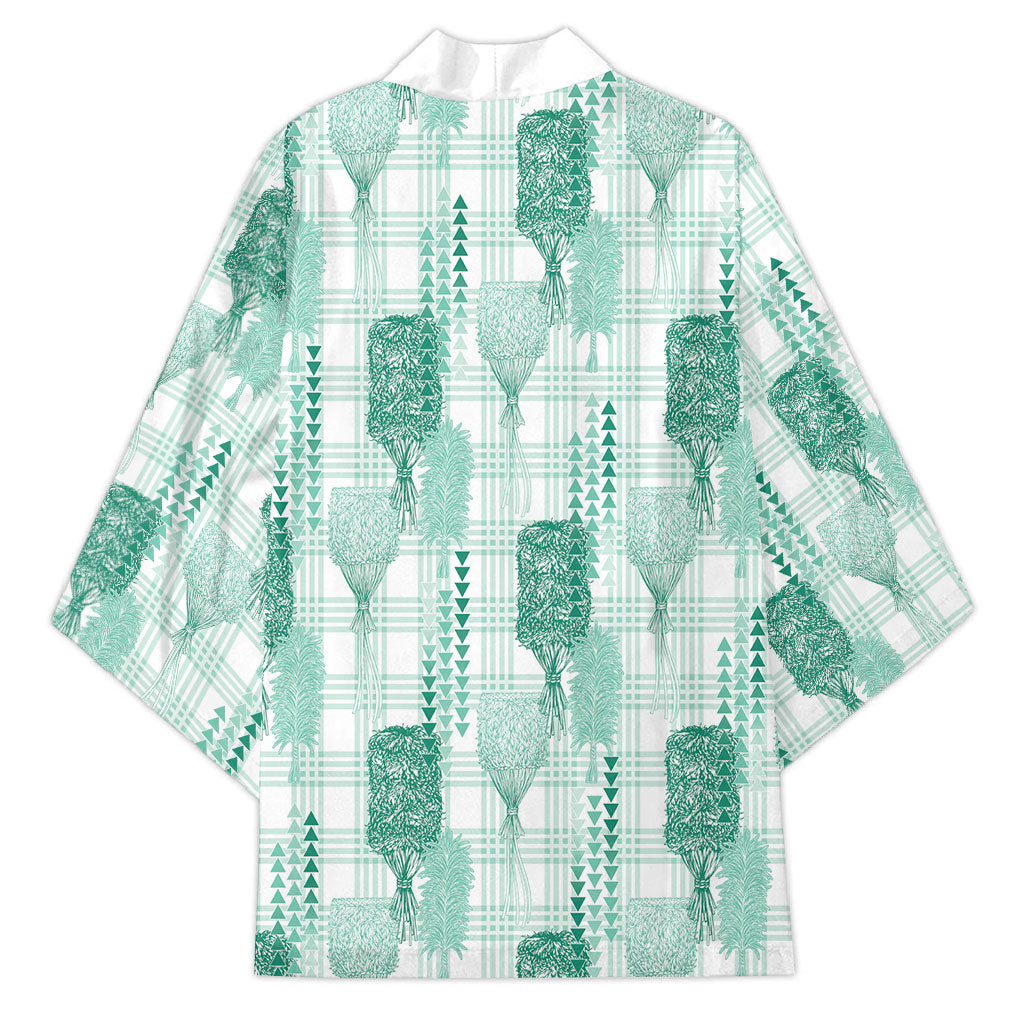 Aloha Hawaii Vintage Kahili Pa'a Lima Kimono Palaka Print Mossy Teal