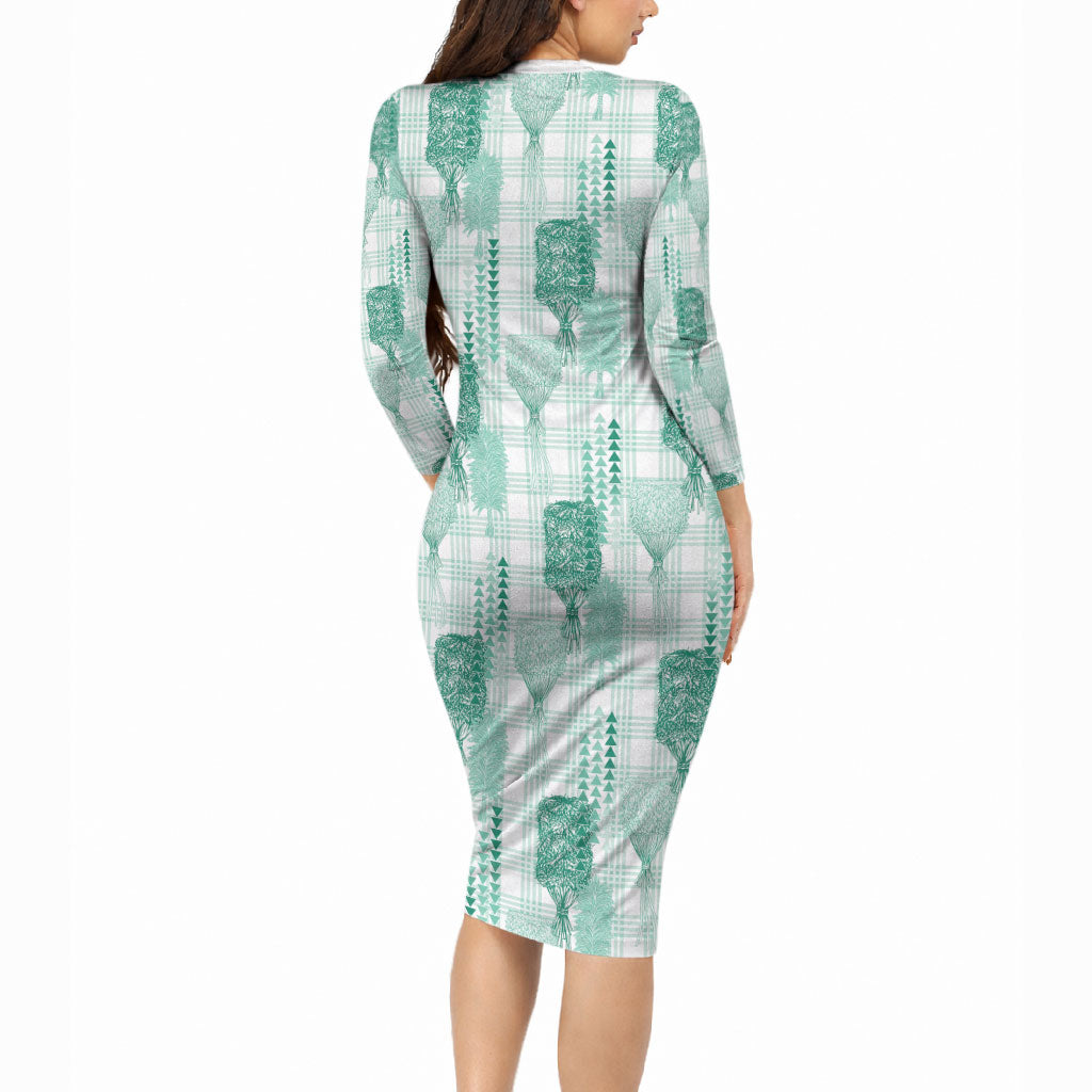 Aloha Hawaii Vintage Kahili Pa'a Lima Long Sleeve Bodycon Dress Palaka Print Mossy Teal