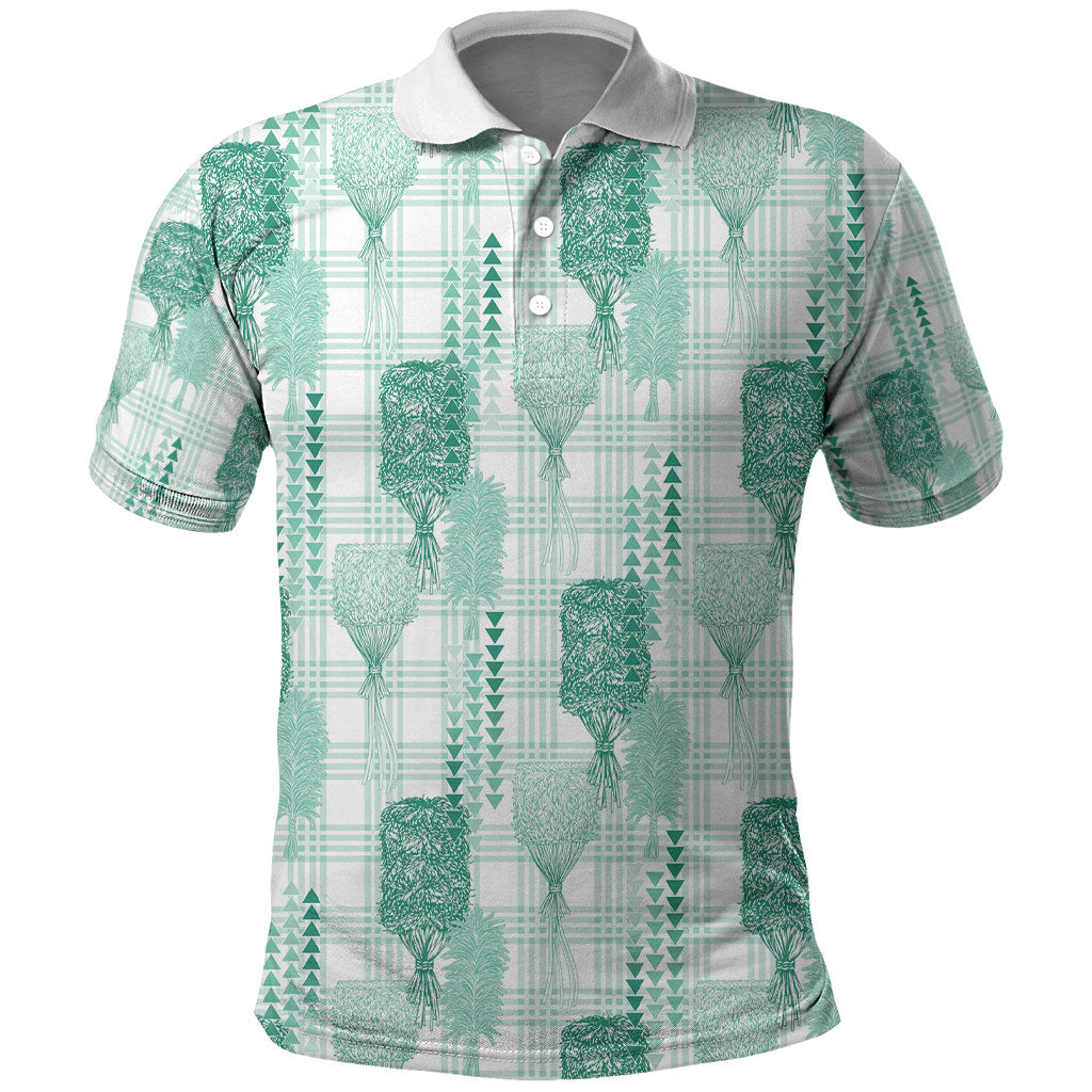 Aloha Hawaii Vintage Kahili Pa'a Lima Polo Shirt Palaka Print Mossy Teal