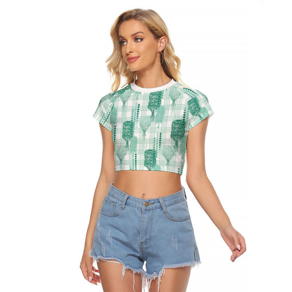 Aloha Hawaii Vintage Kahili Pa'a Lima Raglan Cropped T Shirt Palaka Print Mossy Teal