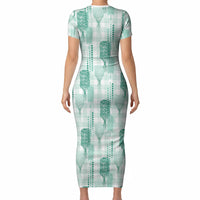 Aloha Hawaii Vintage Kahili Pa'a Lima Short Sleeve Bodycon Dress Palaka Print Mossy Teal
